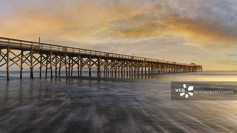 南卡罗来纳州北大西洋的日落和长长的木制码头图片素材