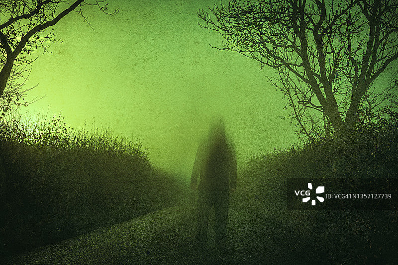 模糊鬼影的闹鬼概念：站在乡村道路上，在怪异的雾蒙蒙的冬夜，带有垃圾效果图片素材