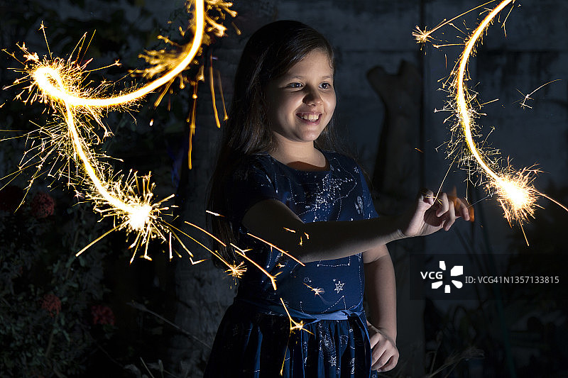 拉丁美洲厄瓜多尔新年假日，小女孩玩烟花庆祝图片素材