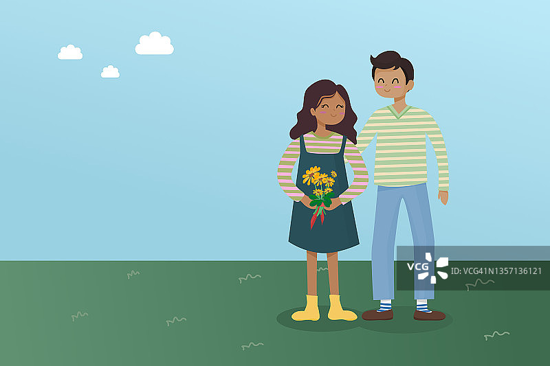 草地蓝天下，男子向女友赠送鲜花的温馨情侣插画图片素材