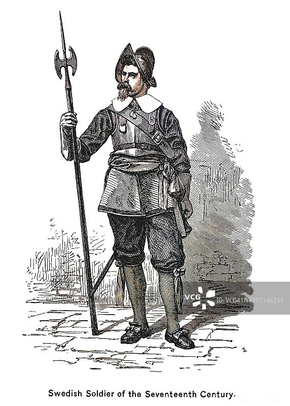 17世纪瑞典士兵的古老雕刻插图图片素材