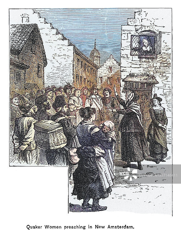 新阿姆斯特丹贵格会妇女布道古董版画图片素材