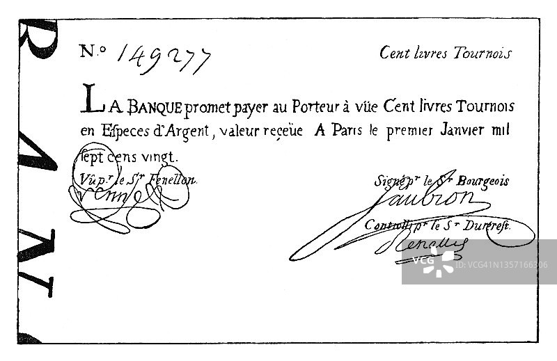 法国100里弗尔银行纸币（1720年）复古雕刻插图图片素材