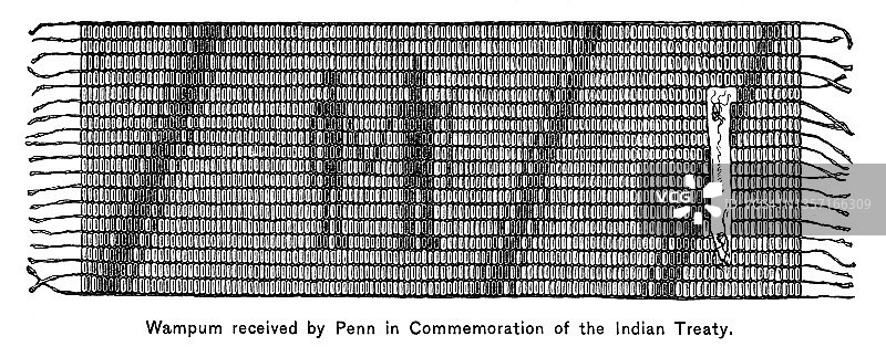 印第安人赠予威廉·佩恩的古老条约带雕刻插图（沙卡马逊条约珠带）图片素材