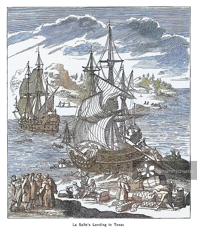 拉萨尔在马塔戈达湾登陆，殖民路易斯安那地区和密西西比河谷，1685年古版画插图图片素材