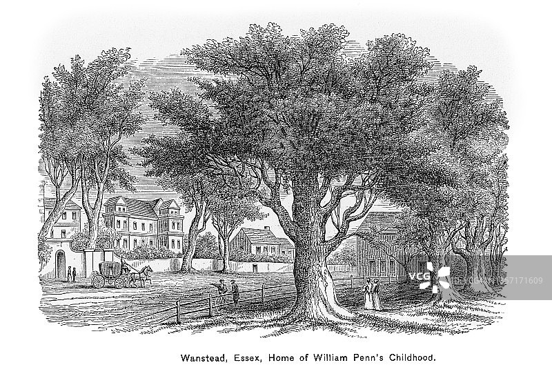 威廉·佩恩在埃塞克斯郡万斯特德的早期住所的古代雕刻插图图片素材