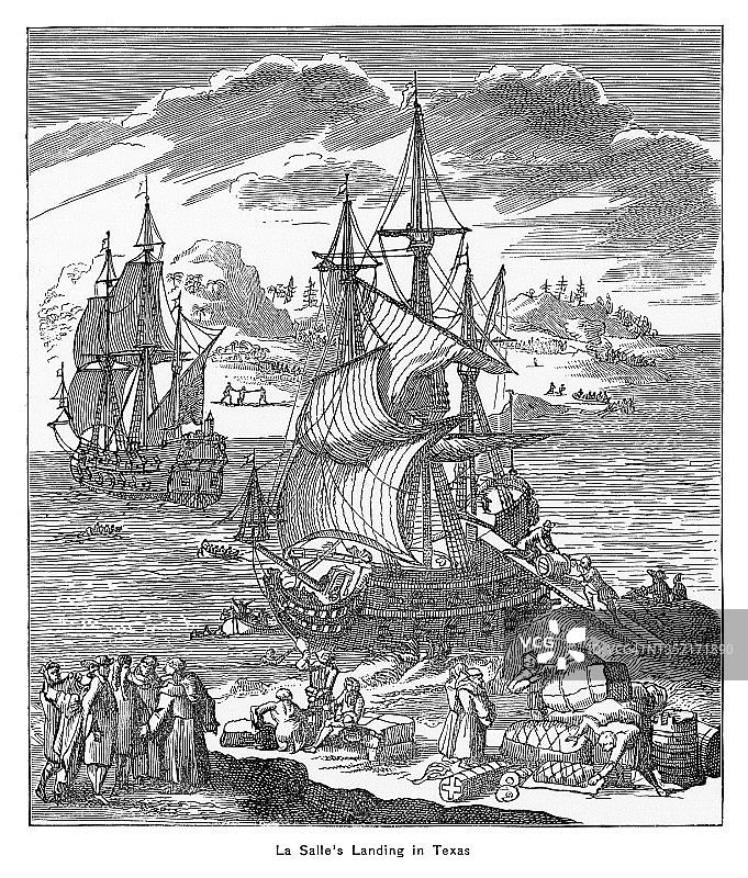 拉萨尔在马塔戈达湾登陆，殖民路易斯安那地区和密西西比河谷，1685年古版画插图图片素材