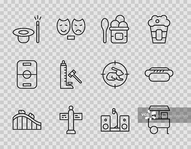 过山车、快餐车、碗装冰淇淋、路标、魔术帽和魔杖、锤击游戏、音响和热狗图标矢量素材图片素材