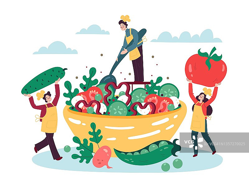 制作沙拉：人们将蔬菜放入沙拉碗中图片素材
