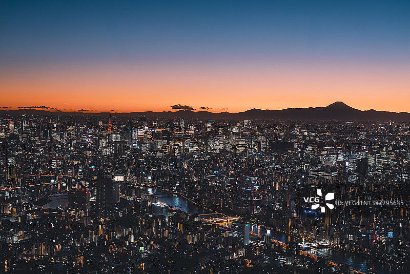黄昏时分从空中俯瞰东京的天际线图片素材