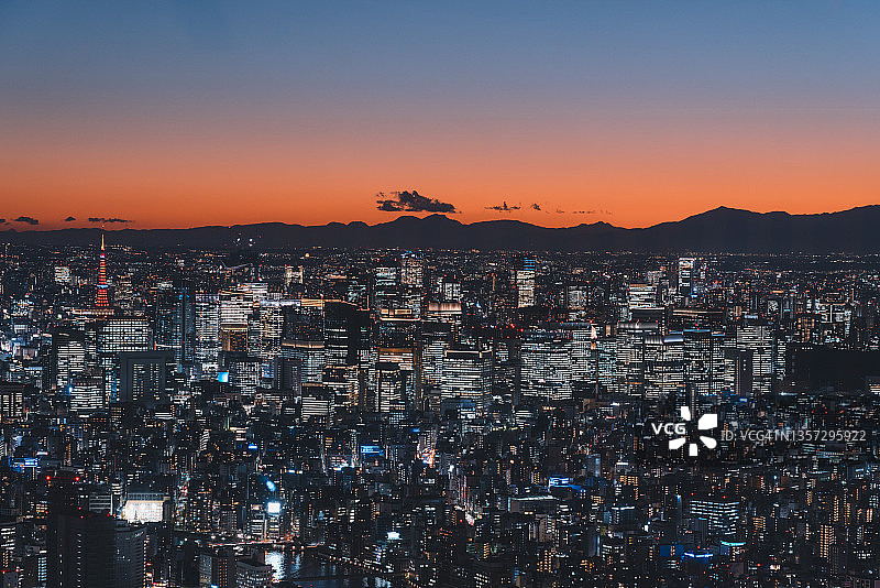 黄昏时分从空中俯瞰东京的天际线图片素材