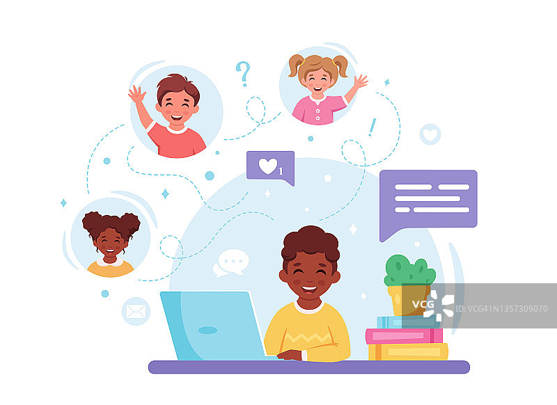 儿童在线交流：与朋友视频通话和在线聊天，在线学习和远程教育矢量图图片素材