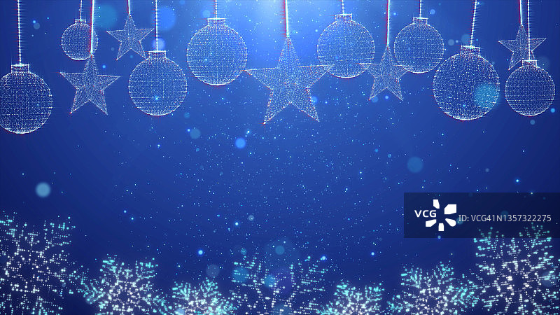 圣诞装饰背景动态图形，圣诞饰品，星星和雪花在框架上，带有闪光颗粒和镜头光晕，用于圣诞节和庆祝活动图片素材