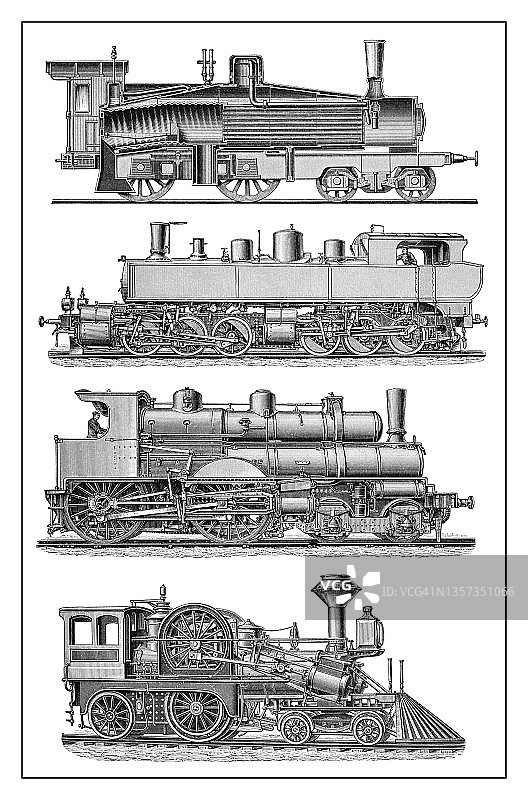 蒸汽机车的旧雕刻插图图片素材