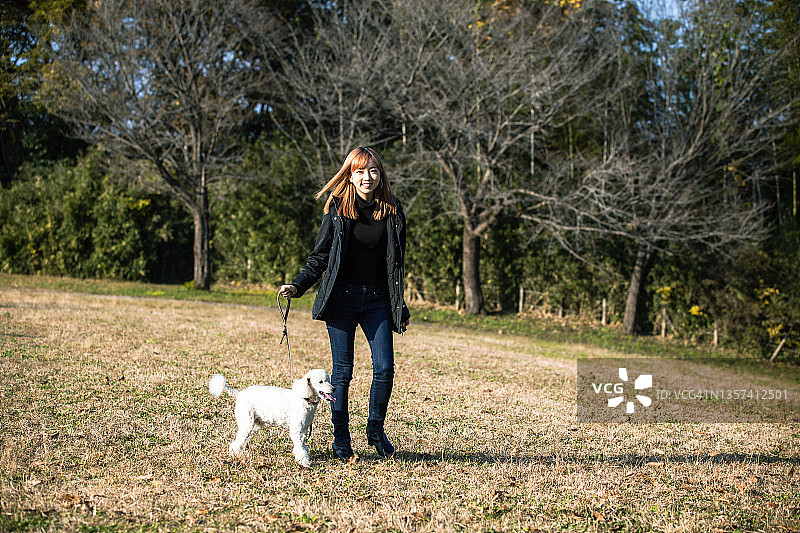 年轻女子秋天在公园里遛狗图片素材