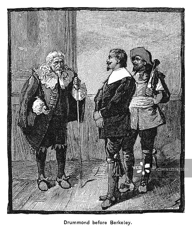 老式版画插图：德拉蒙德在威廉·伯克利爵士总督面前图片素材