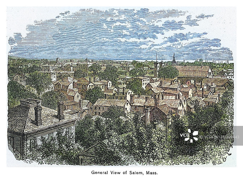 马萨诸塞州塞勒姆市全景老式雕刻插图图片素材
