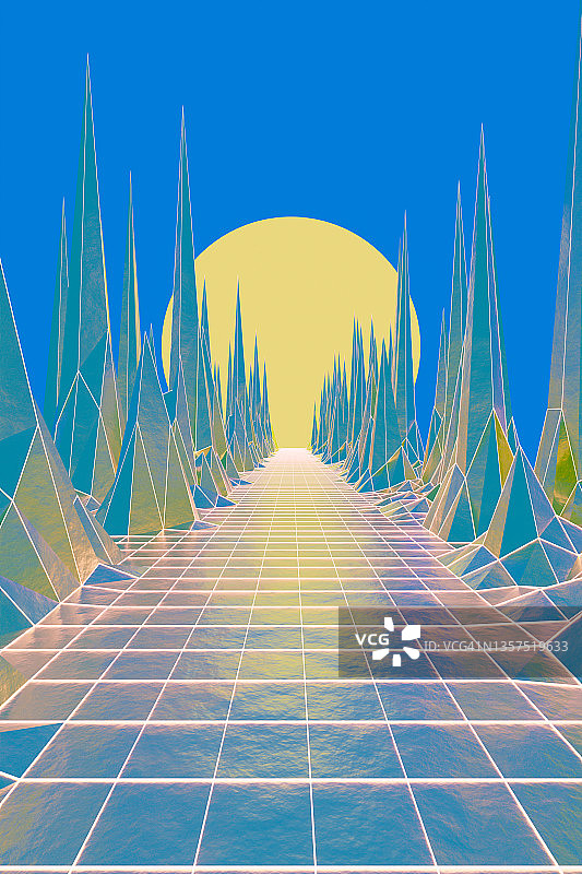 3D 抽象几何风景与红色、黄色和蓝色，以及黄色太阳图片素材