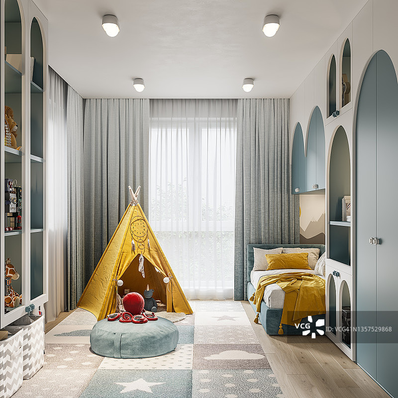 带有玩具帐篷的儿童房3D渲染图片素材