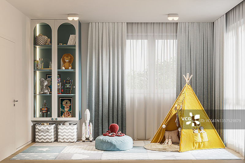 带玩具和圆锥帐篷的儿童房3D渲染图片素材