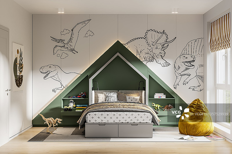 3D渲染的恐龙主题儿童房内饰图片素材