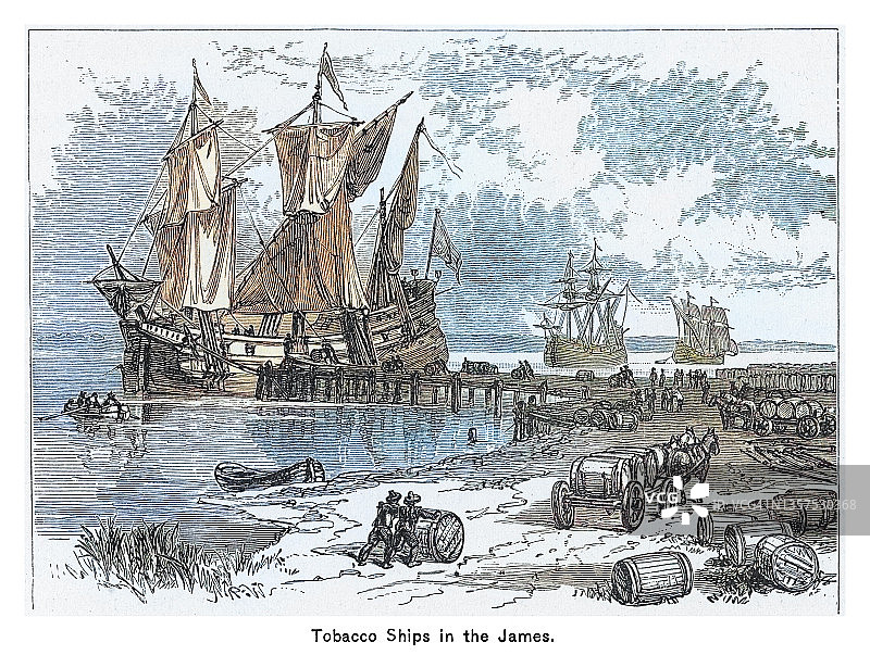 17世纪弗吉尼亚詹姆斯河英国烟草船装载旧版插画图片素材