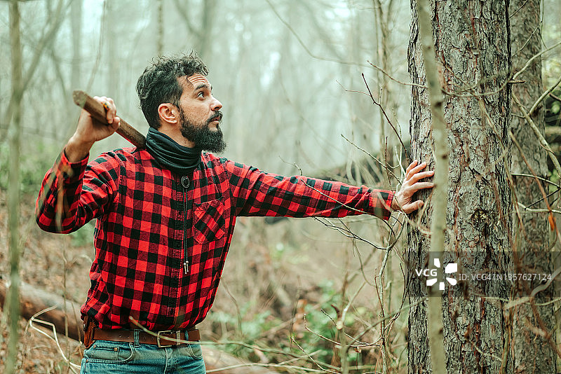 伐木工人在森林里用大斧头工作图片素材
