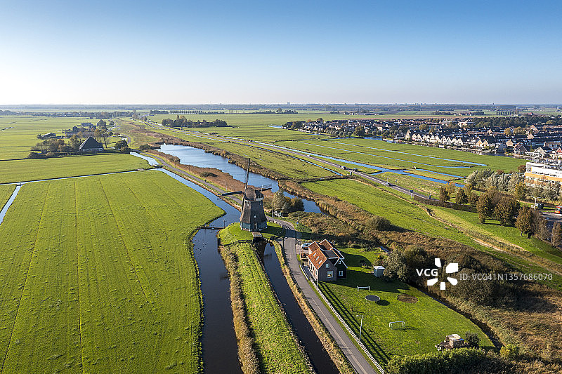 典型的荷兰圩田景观：风车与荷兰村庄图片素材