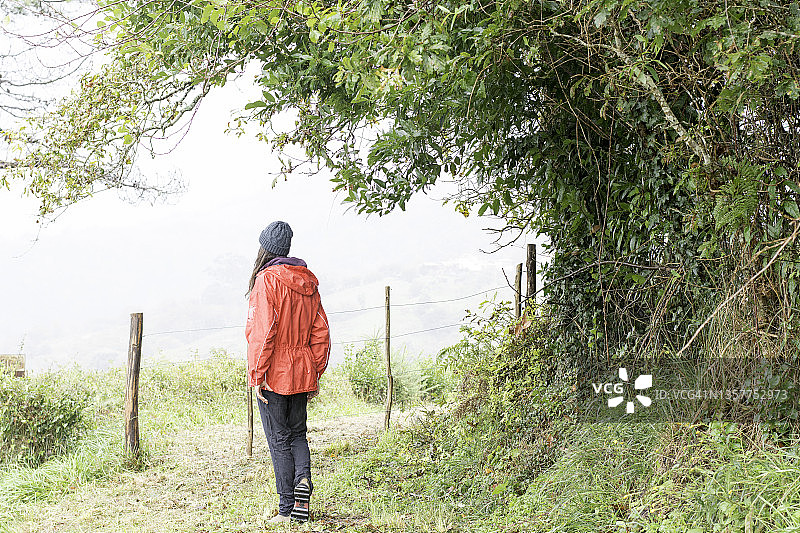 穿着红色雨衣在雨天散步的成年女子背影图片素材