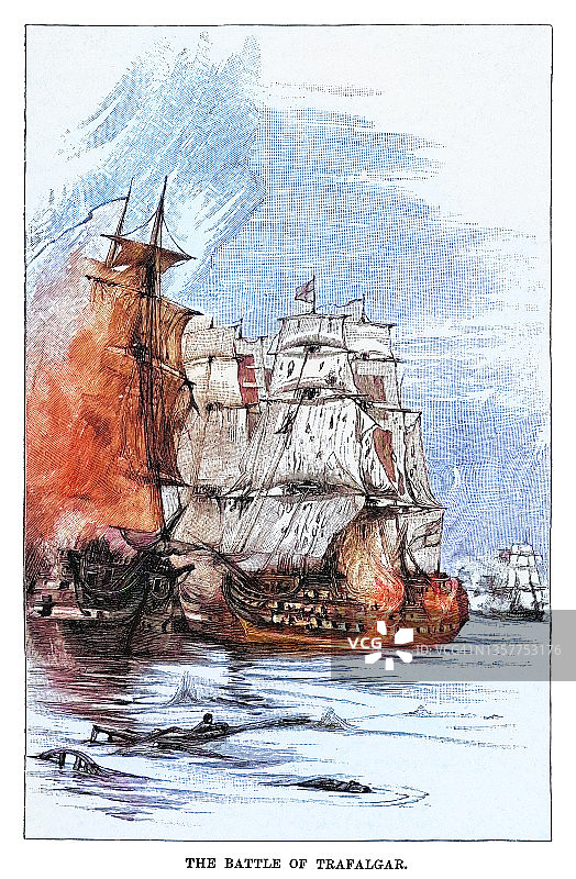 特拉法加战役（1805年10月21日）古版画插图，英国皇家海军与法国和西班牙海军联合舰队之间的海战图片素材
