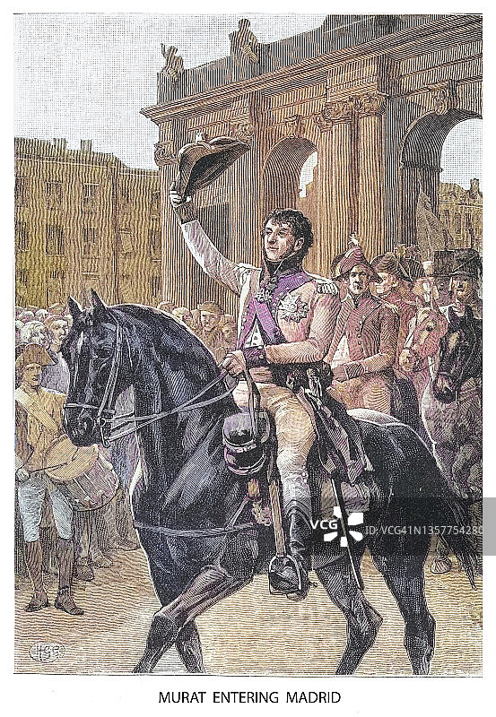 拿破仑战争：半岛战争时期缪拉将军进入马德里的古老雕刻插图图片素材