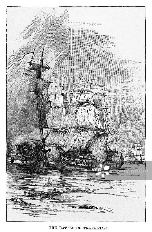 特拉法加战役（1805年10月21日）古版画插图，英国皇家海军与法国和西班牙海军联合舰队之间的海战图片素材