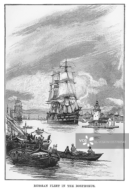 博斯普鲁斯海峡中的俄罗斯舰队古老版画插图图片素材