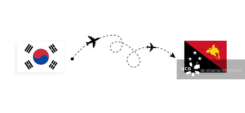 从韩国到巴布亚新几内亚的飞机旅行概念图片素材