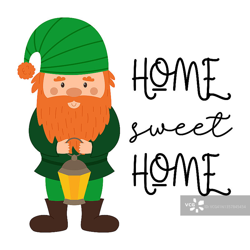 红胡子绿条纹帽子的小矮人提着灯笼明信片，温馨的家主题白色背景卡通图片素材