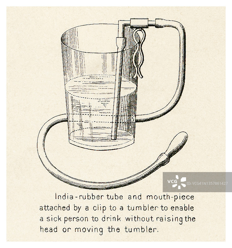 病人无需抬头即可饮水的装置古老雕刻插图图片素材