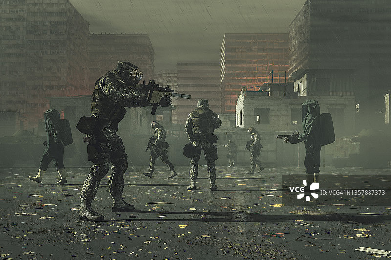 未来主义军队在肮脏的街道上行走图片素材