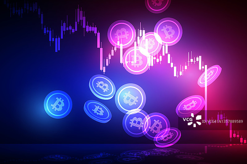 加密货币下跌概念图：比特币符号在黑色背景上闪耀，金融图表下跌图片素材