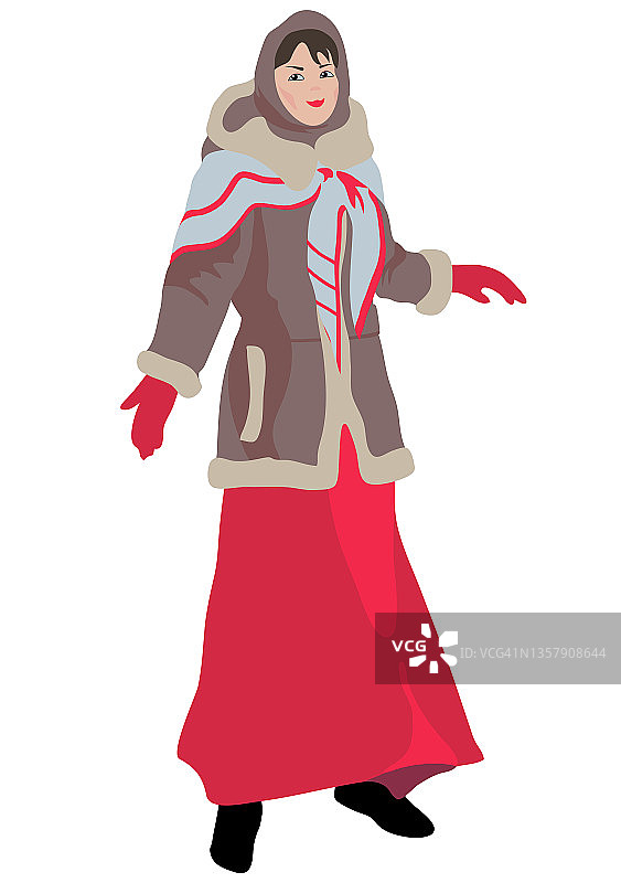 扁平风卡通插画：身穿冬季服装、短毛皮大衣、长裙、披肩的年轻女孩，送别冬天，俄罗斯民族服装图片素材