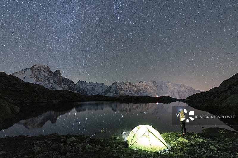 在切塞里湖，一个人在帐篷里欣赏勃朗峰上的星星图片素材