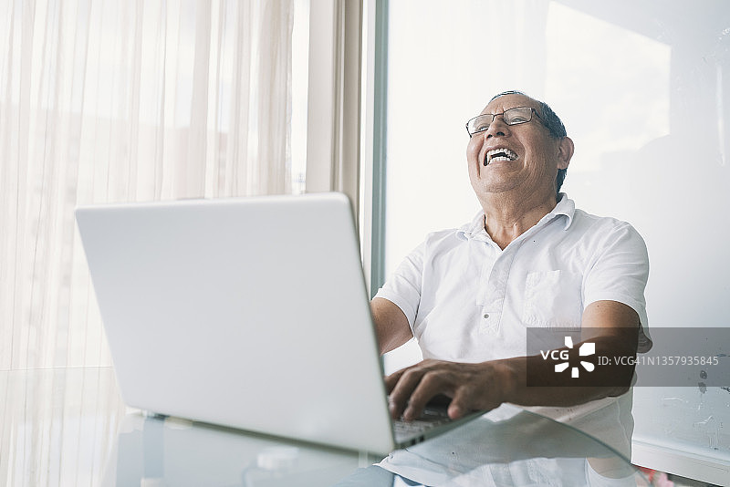 在家办公，使用笔记本电脑的快乐商人图片素材