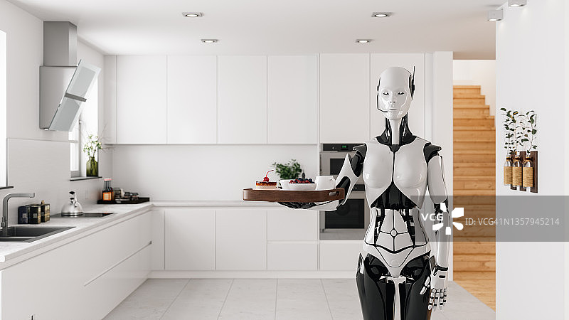 仿生机器人女仆在厨房服务图片素材