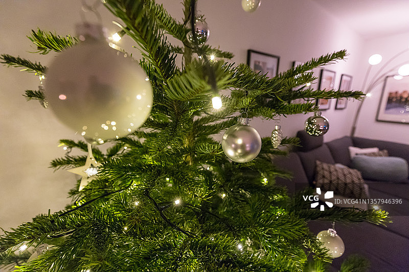 德国客厅中装饰独特的银白色圣诞树视角图片素材