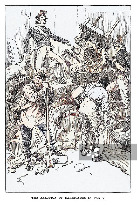 法国大革命期间巴黎街垒的老式雕刻插图图片素材