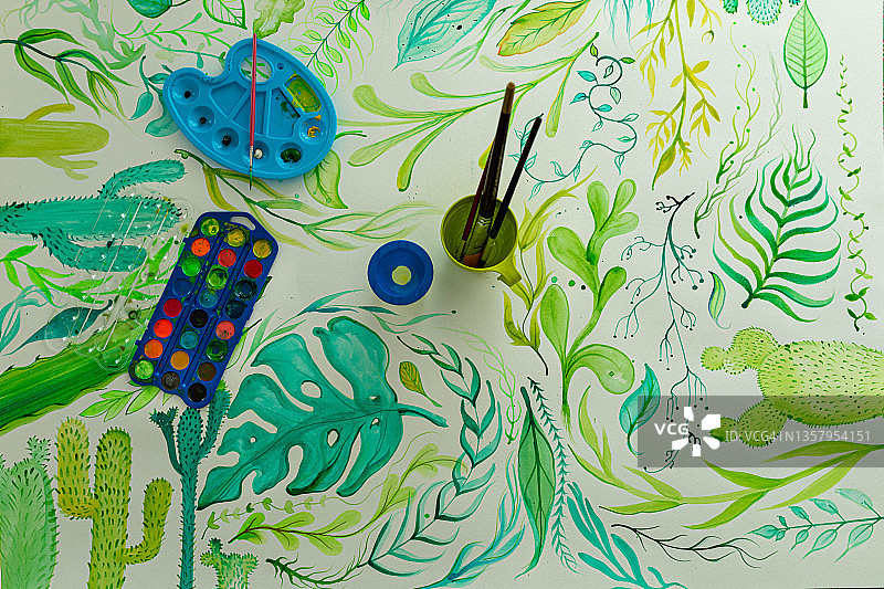 水彩颜料与绘画工具图片素材