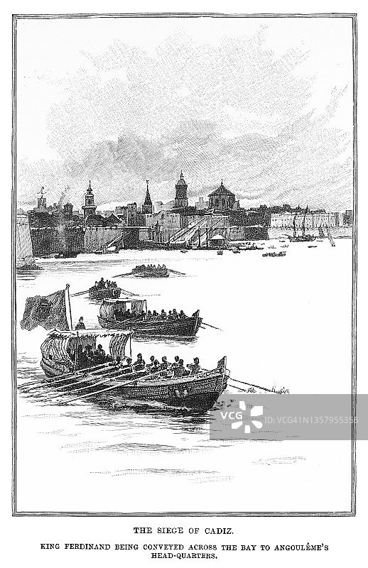 卡迪斯围攻战，半岛战争（1810-1812年）古老雕刻插画图片素材