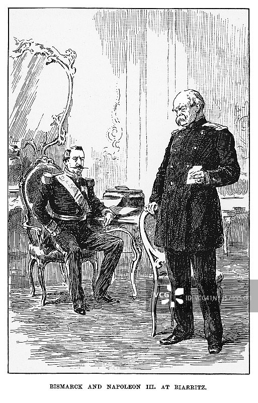 早期插图：俾斯麦和拿破仑三世在比亚里茨图片素材