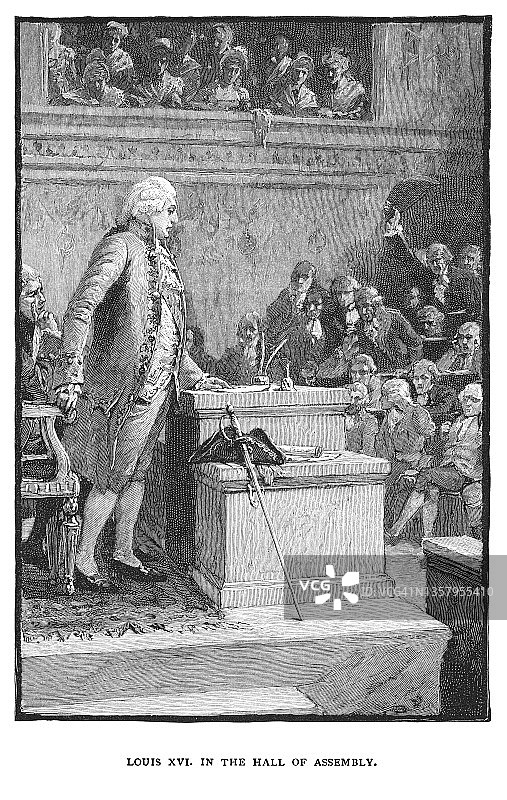 路易十六在议会大厅的古老雕刻插图图片素材