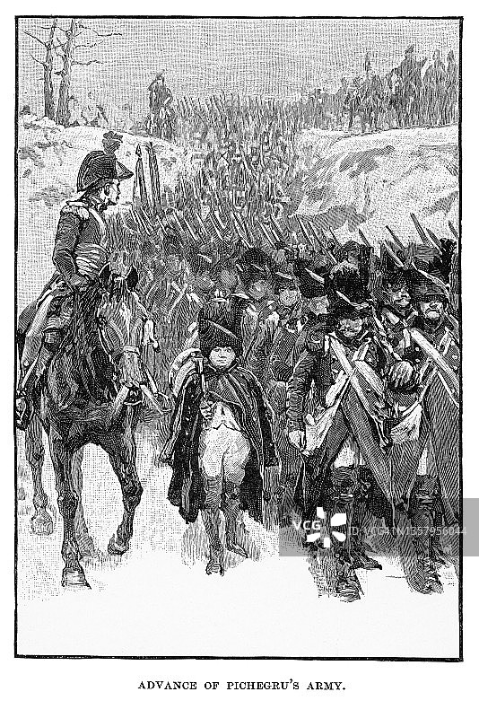 法军让-夏尔·皮舍格吕将军进军莱茵河前线（1793年）古老雕刻插图图片素材