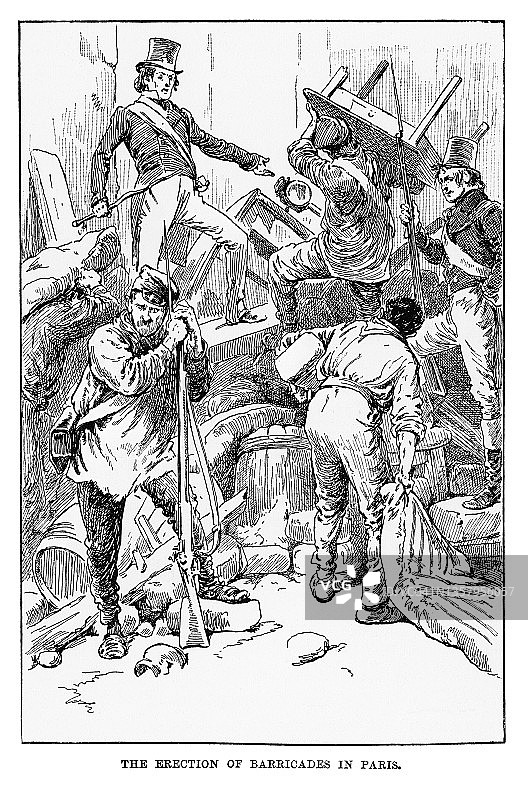 法国大革命期间巴黎街垒的老式雕刻插图图片素材